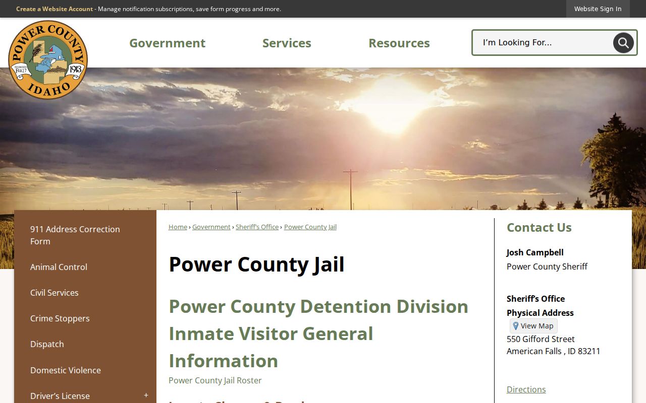 Power County arrest and booking roster entry on the official jail page