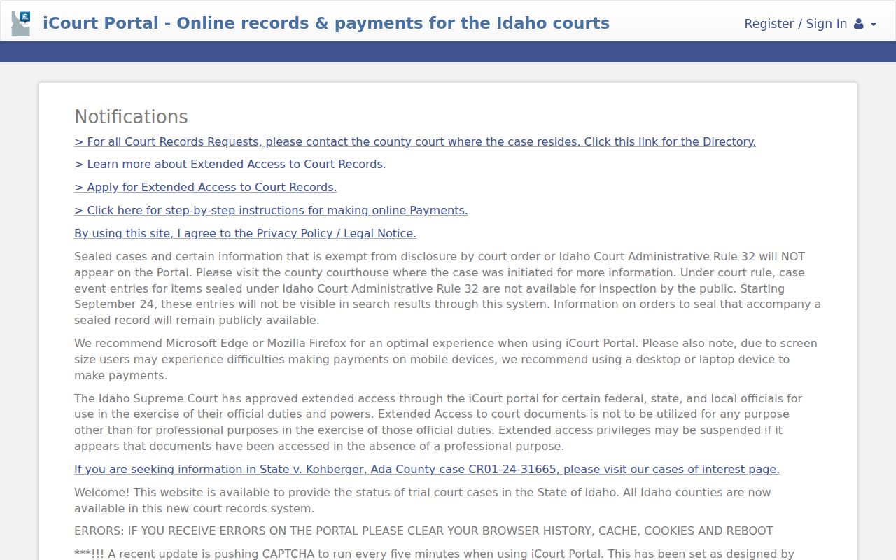 Power County criminal history iCourt statewide search
