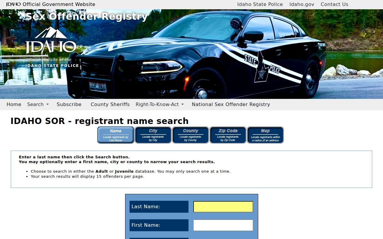 Power County sex offender lookup using Idaho registry name fields